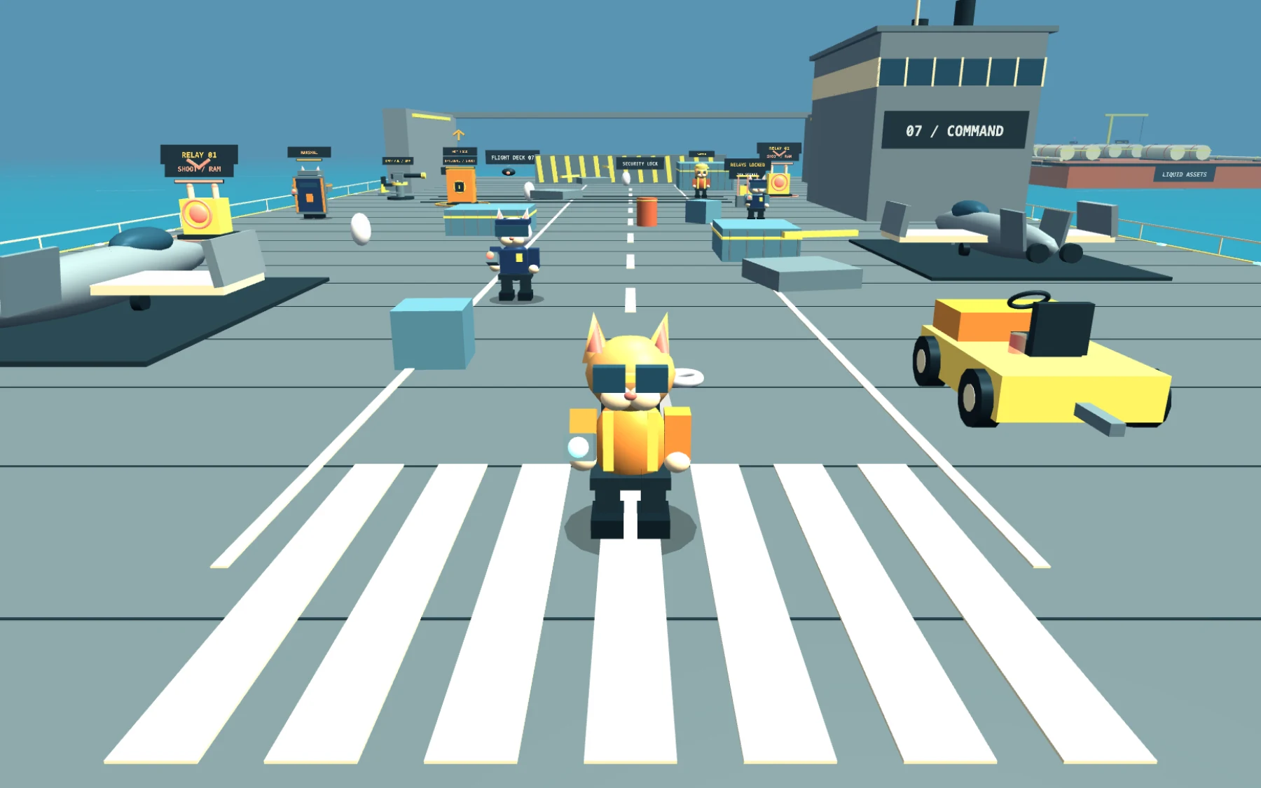 Original HORMEWZ game scene: a cat crew on an aircraft carrier surrounded by open sea.